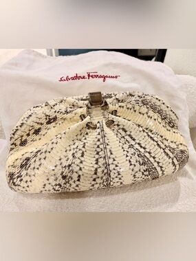 Salvatore Ferragamo Cream and Brown/Black Snakeskin Clutch